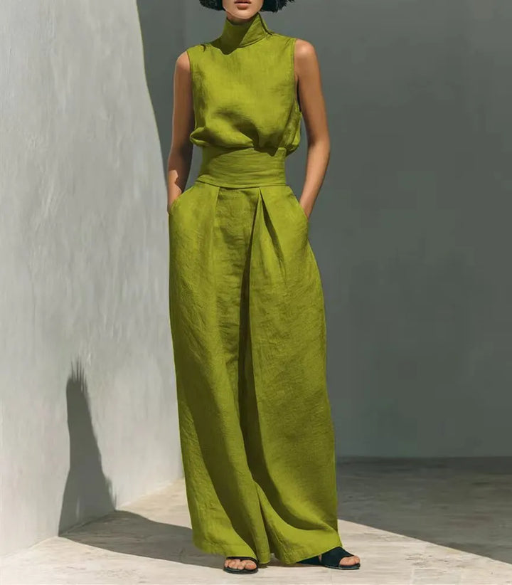 Casual Sleeveless Suit Summer Stand-up Collar Pullover Top And Loose Straight-leg Trousers
