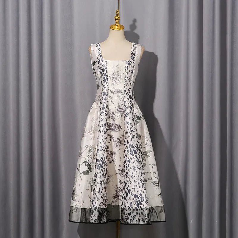 Leopard &amp; Botanical Print Square Neck Satin Midi Swing Dress