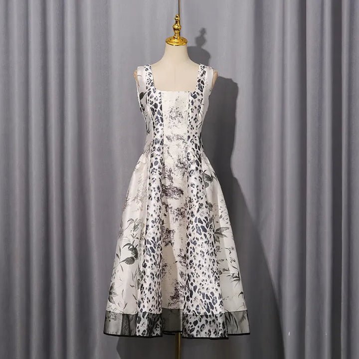 Leopard &amp; Botanical Print Square Neck Satin Midi Swing Dress