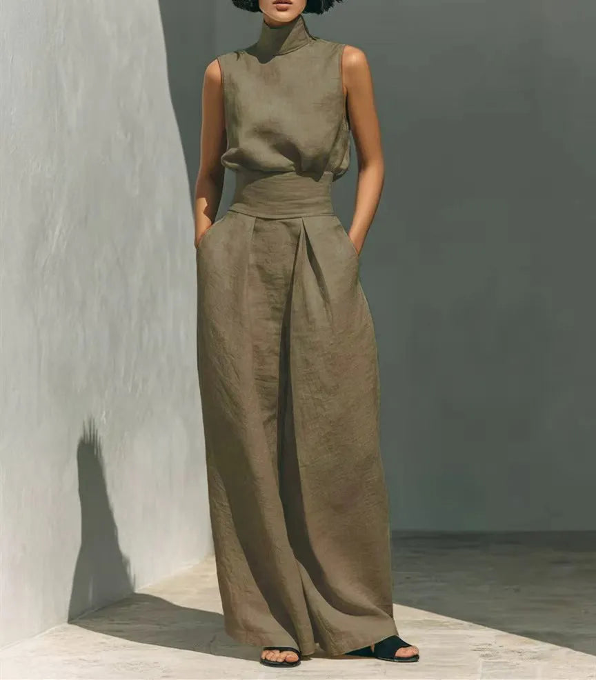Casual Sleeveless Suit Summer Stand-up Collar Pullover Top And Loose Straight-leg Trousers