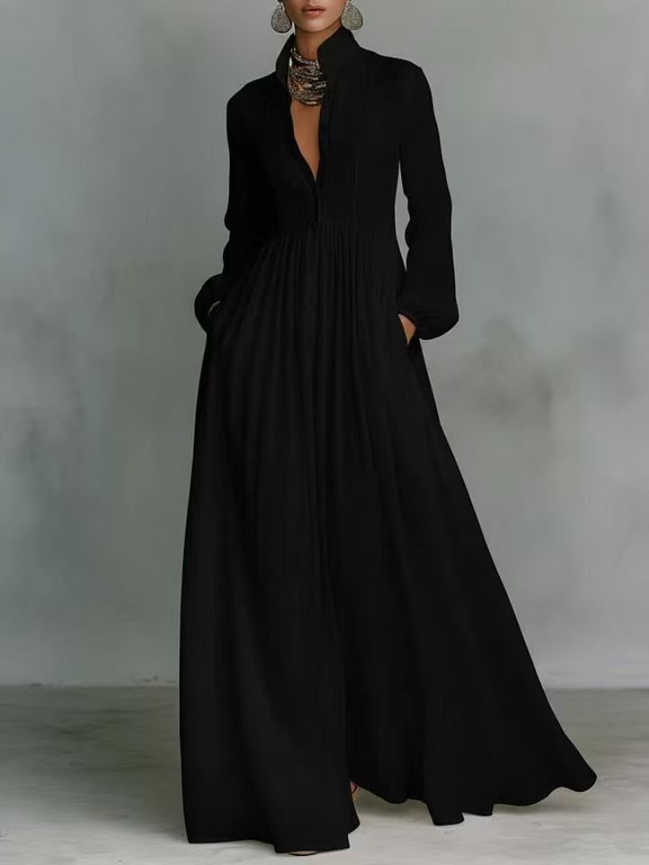Casual Long-Sleeve Pleated Dress with Cinched Waist