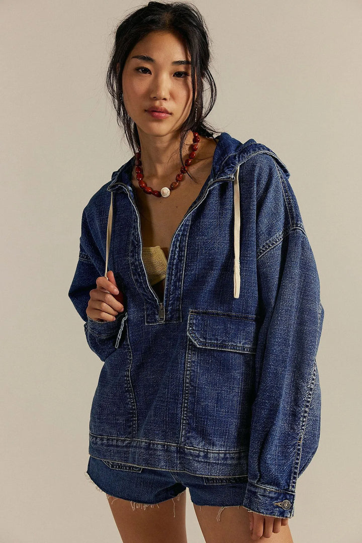 Stylish Relaxed-fit Washed Denim Long Sleeve Hoodie