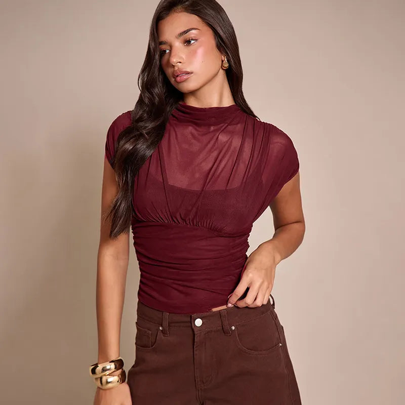 Solid-color Crew-neck Sleeveless Mesh Fitted Top