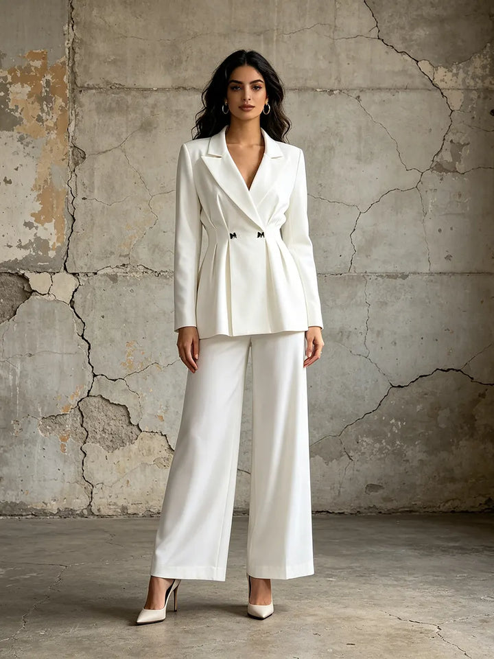 Solid-color Long-sleeve Fitted Blazer &amp; High-waisted Straight-leg Trousers Set