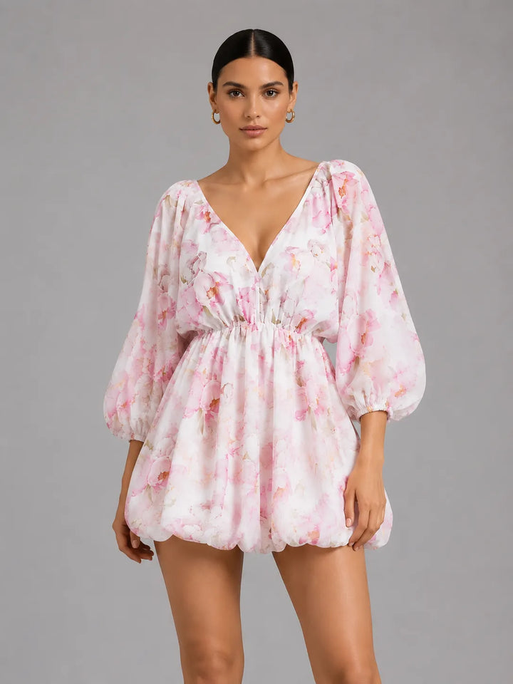 Sexy Open-Back V-Neck Puff-Sleeve Tie-Waist Dress