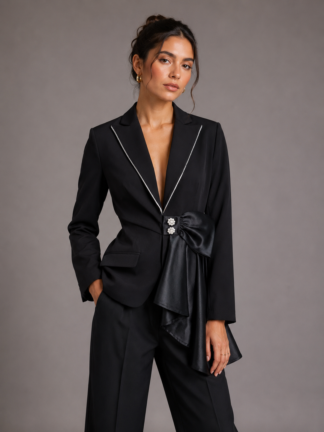 Contrast Satin Bow Rhinestone Trim Fitted Blazer Jacket