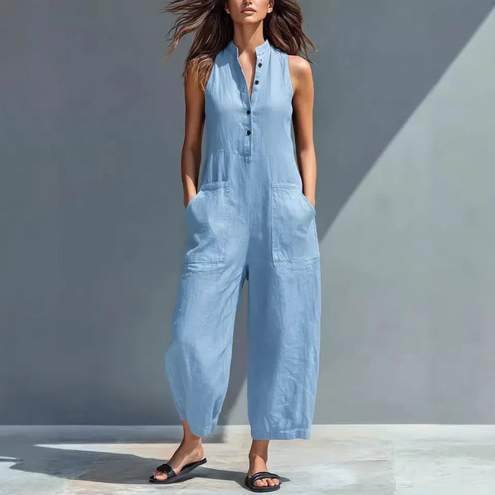 Button-front sleeveless loose-fit jumpsuit with a stand collar