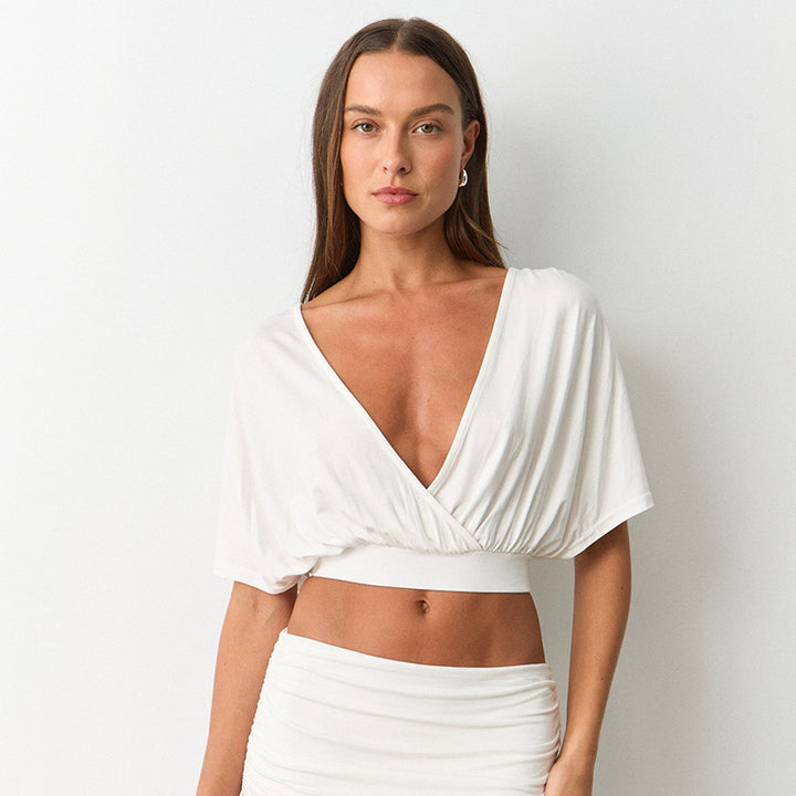 Deep V-Neck Cross-Over Batwing Sleeve Top