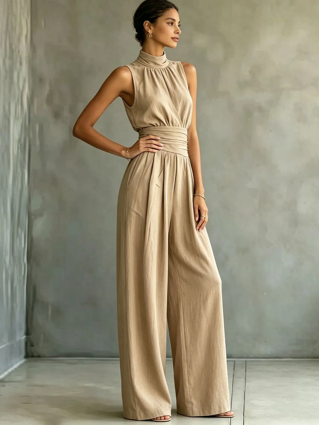 Sleeveless Mock-neck Solid-color Casual Wide-leg Jumpsuit