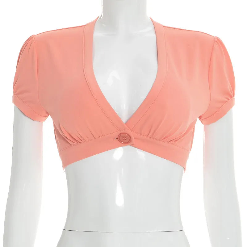 Sexy V-neck Versatile Pleated Button-front Crop Top