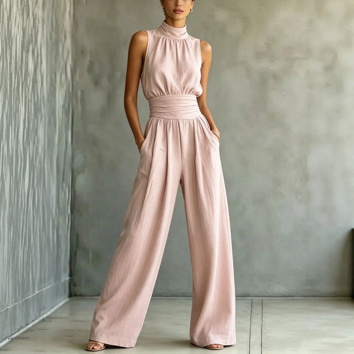 Sleeveless Mock-neck Solid-color Casual Wide-leg Jumpsuit