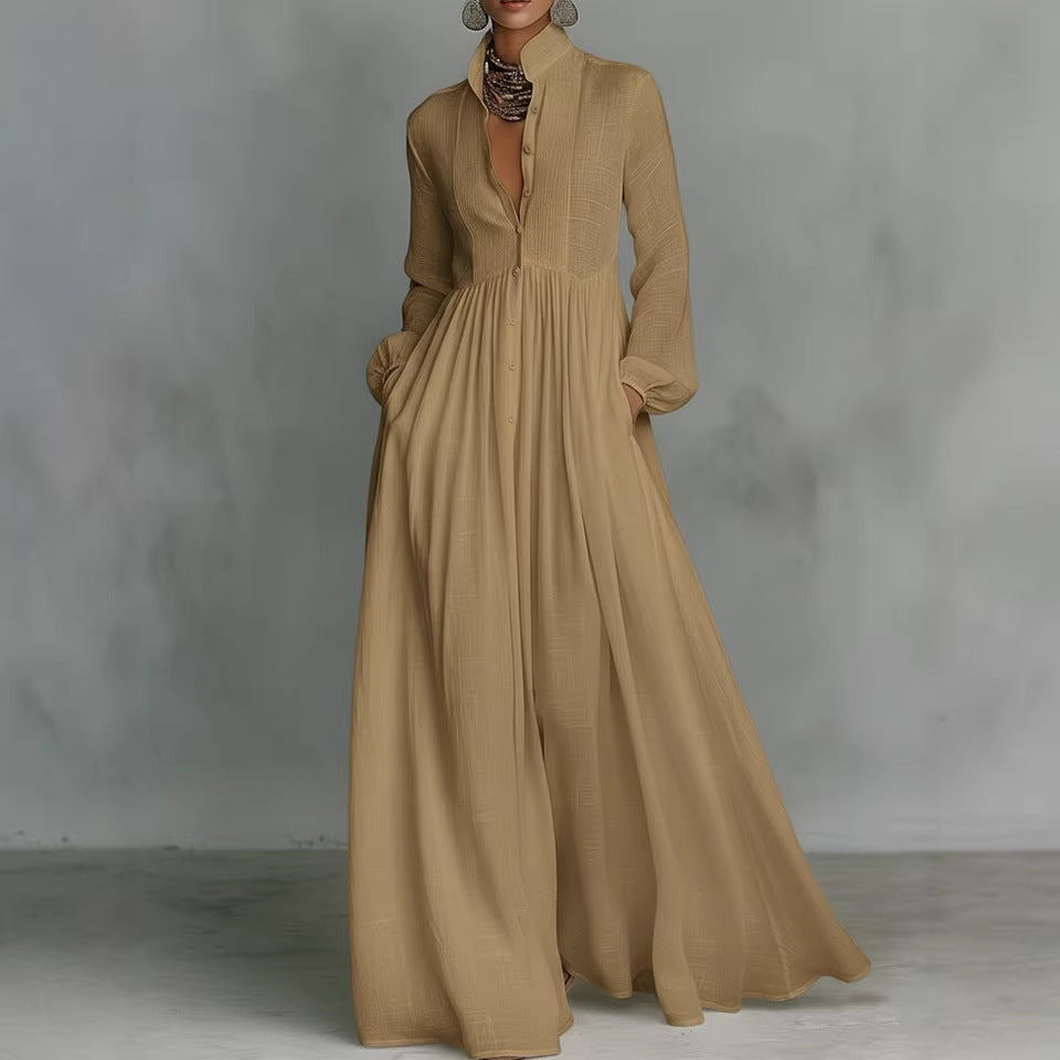 Casual Long-Sleeve Pleated Dress with Cinched Waist
