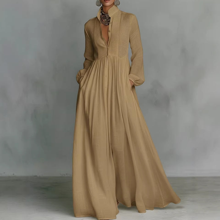 Casual Long-Sleeve Pleated Dress with Cinched Waist