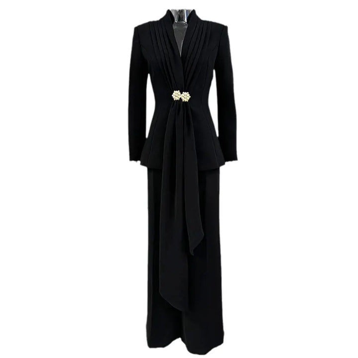 Stand Collar Pleated Front Pearl Buckle Draped Blazer &amp; Wide Leg Floor Pants 2-Piece Suit Set