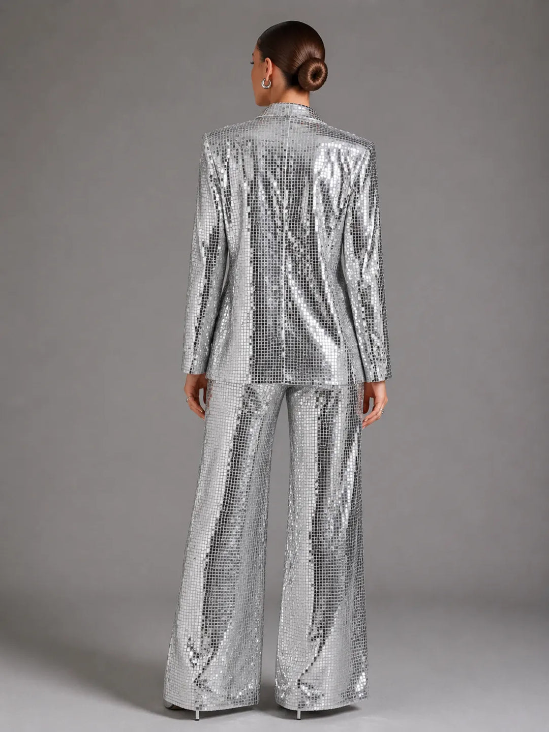 Silver Square Sequin Peak Lapel Blazer &amp; High Waist Full Flare Trousers 2-Piece Party Suit