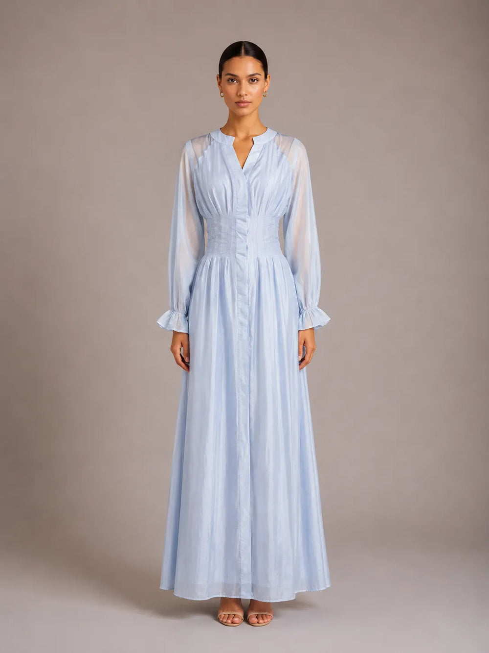 Puff Long Sleeve Gathered Waist Button Front Flowy Dress