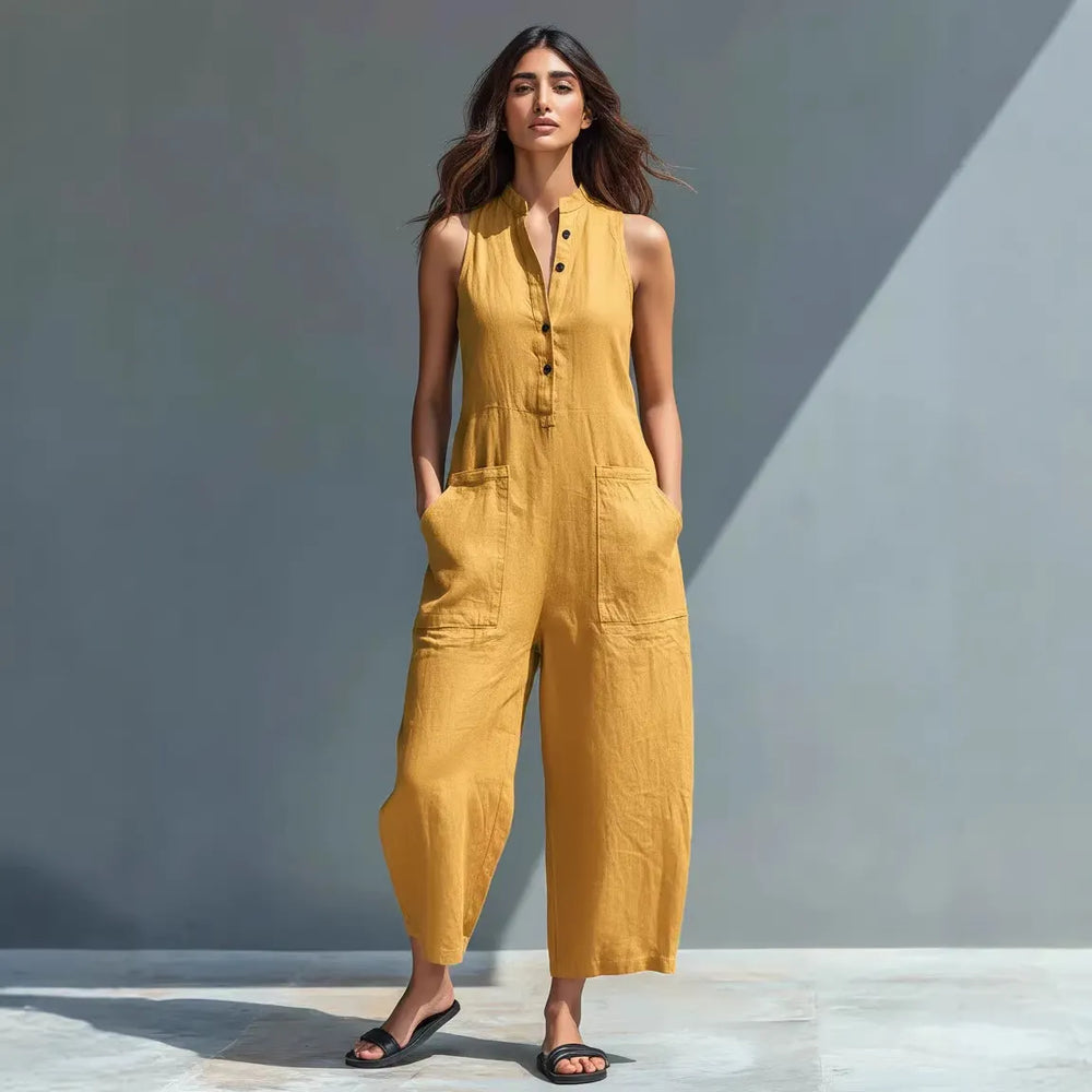 Button-front sleeveless loose-fit jumpsuit with a stand collar