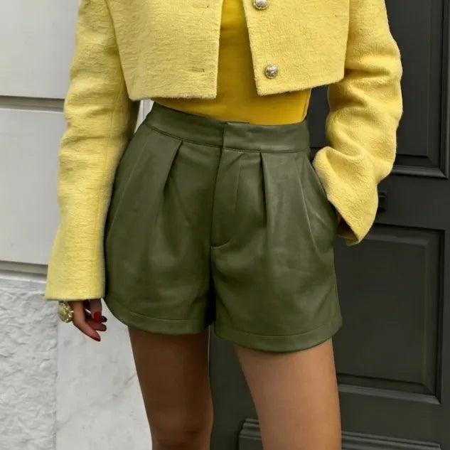 Stylish Solid-color Faux Leather Paper-bag Shorts