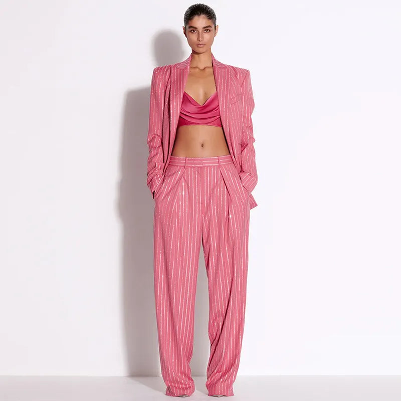 Glitter Vertical Stripe Single Button Blazer & Straight Suit Pants 2-Piece Set
