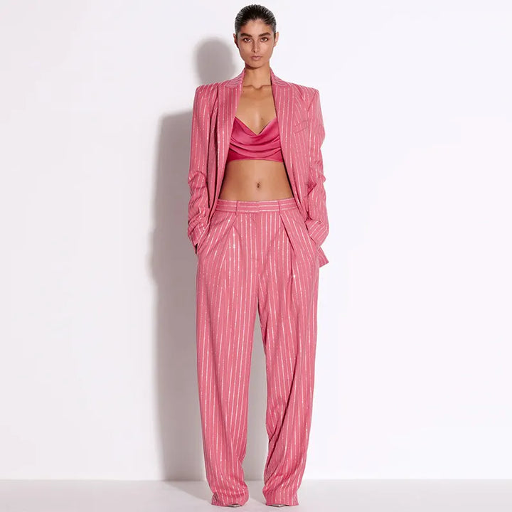 Glitter Vertical Stripe Single Button Blazer &amp; Straight Suit Pants 2-Piece Set