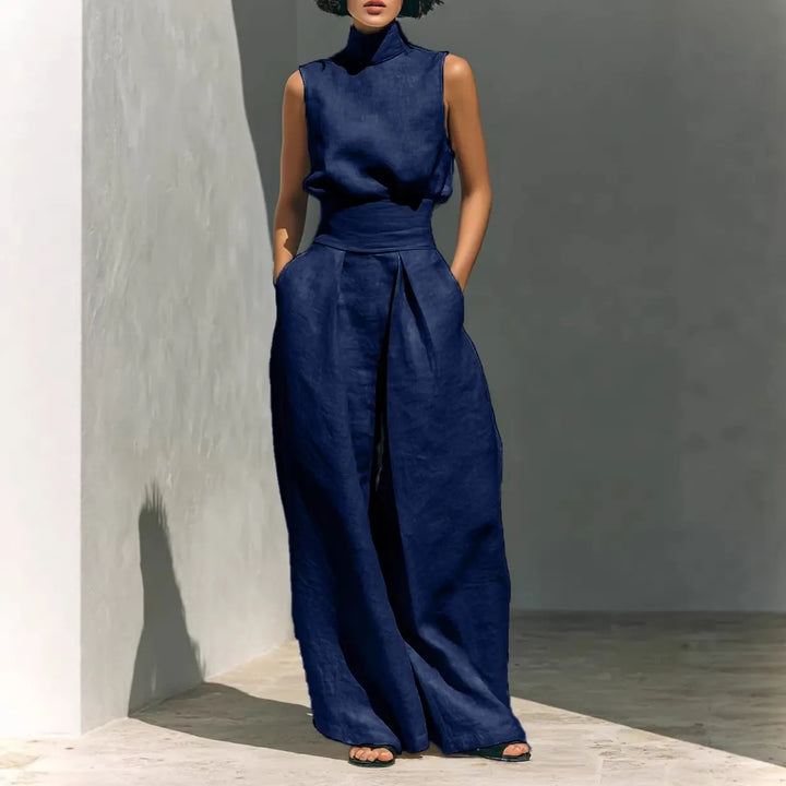 Casual Sleeveless Suit Summer Stand-up Collar Pullover Top And Loose Straight-leg Trousers