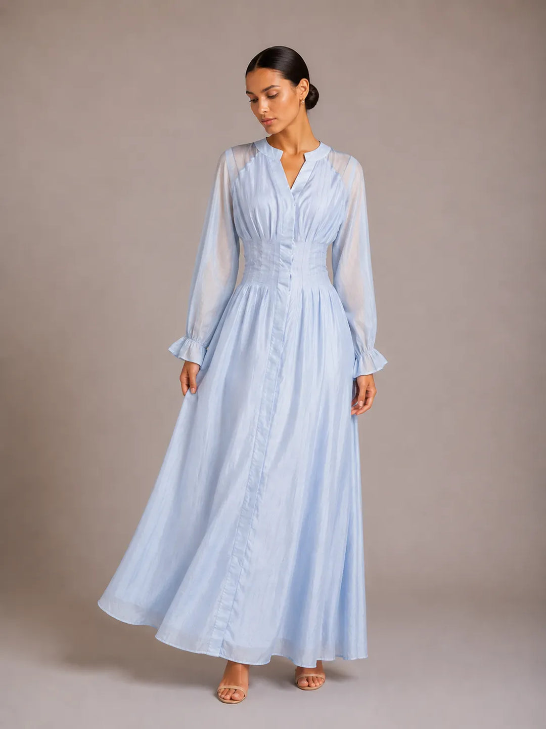 Puff Long Sleeve Gathered Waist Button Front Flowy Dress