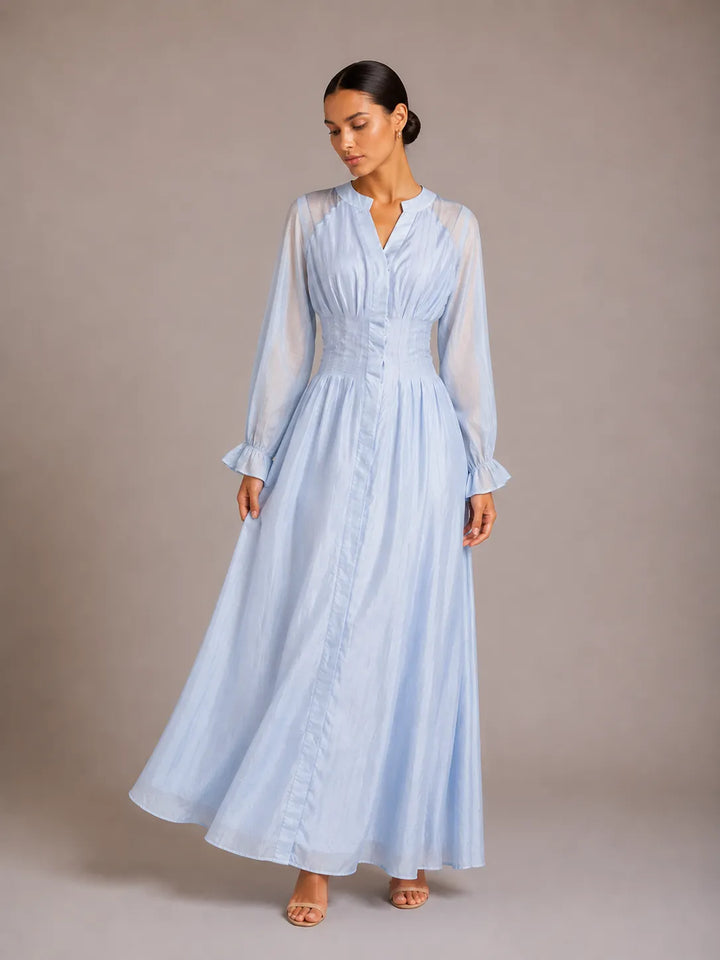 Puff Long Sleeve Gathered Waist Button Front Flowy Dress