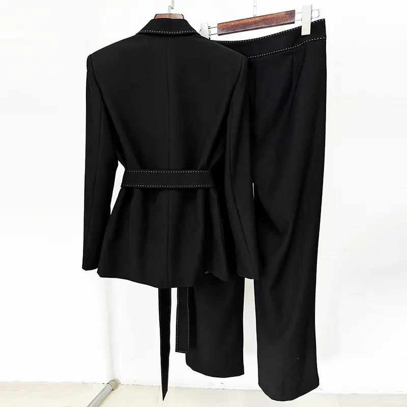 Belted Blazer &amp; Wide Leg Pants 2-Piece Black Suit Set