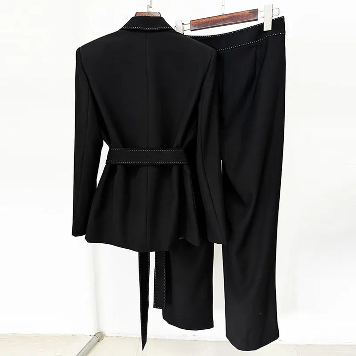 Belted Blazer &amp; Wide Leg Pants 2-Piece Black Suit Set