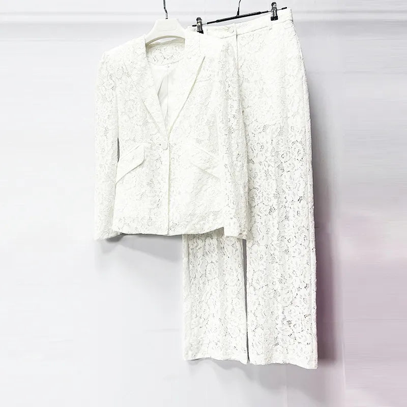 Floral Lace Single Button Blazer &amp; High Waist Wide Leg Pants 2-Piece Suit Set