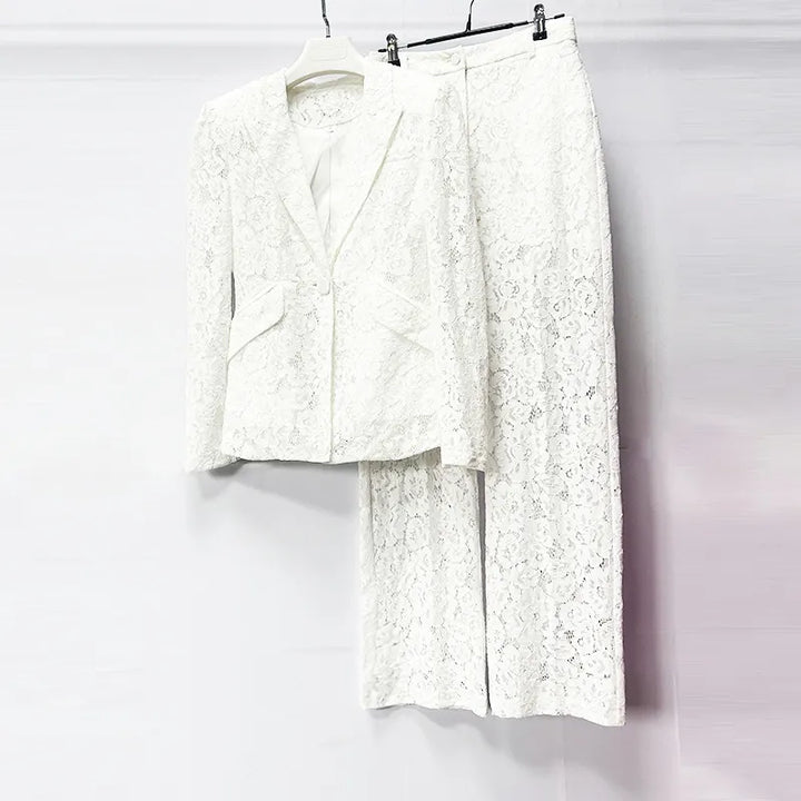 Floral Lace Single Button Blazer &amp; High Waist Wide Leg Pants 2-Piece Suit Set