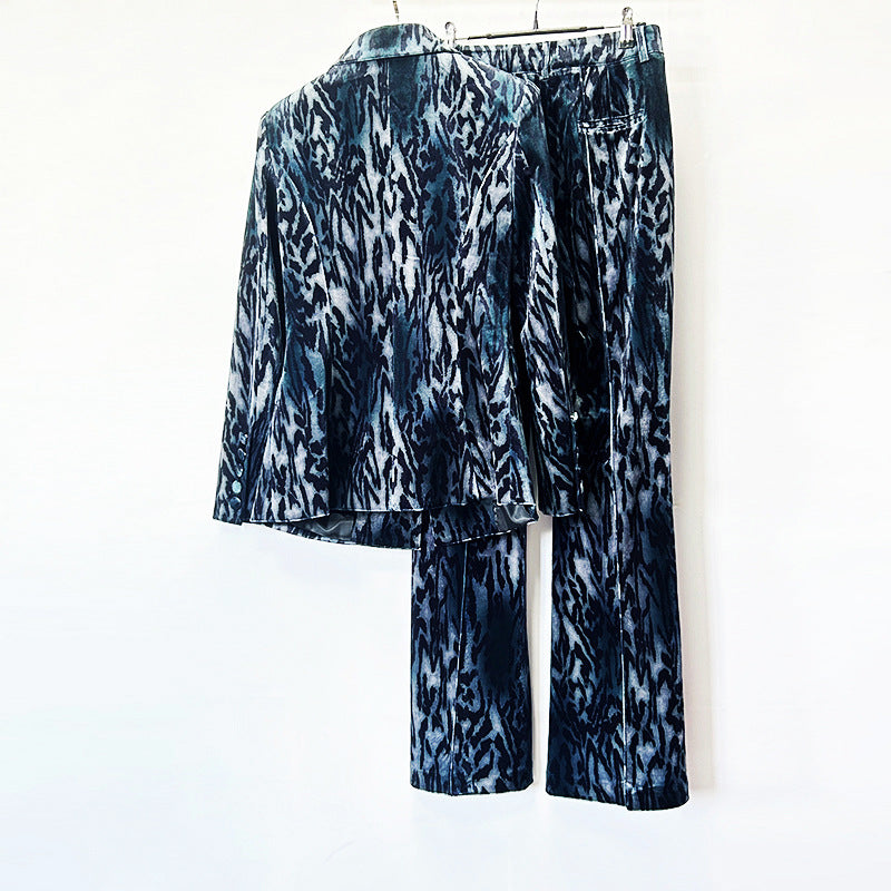 Teal Abstract Leopard Velvet Blazer &amp; Flared Floor Pants 2-Piece Suit Set