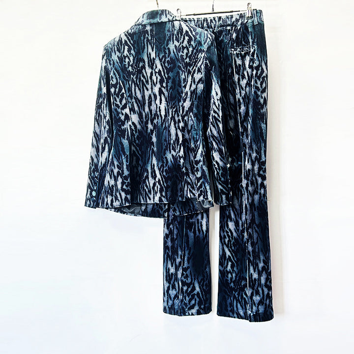 Teal Abstract Leopard Velvet Blazer &amp; Flared Floor Pants 2-Piece Suit Set