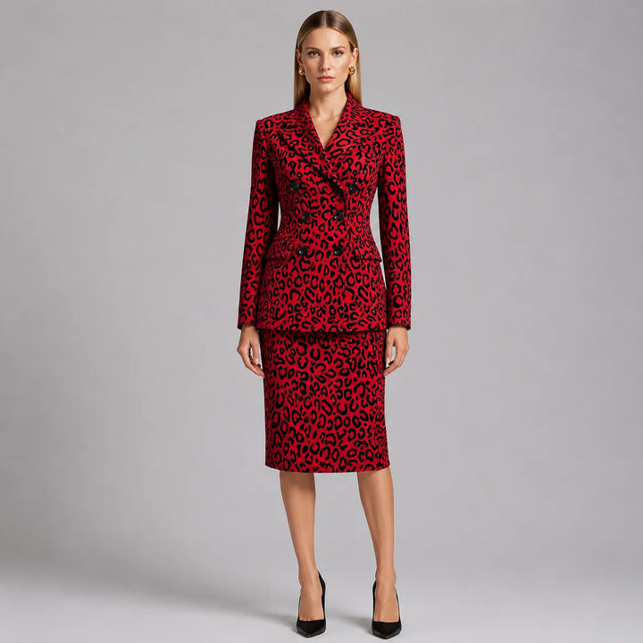 Leopard Print Double Breasted Blazer &amp; Midi Pencil Skirt 2-Piece Suit Set