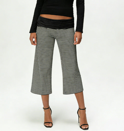 High Waisted Relaxed Fit Striped Wide Leg Capri Pantscasual And Stylish