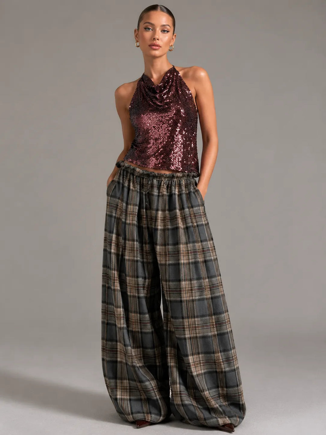 Vintage Grey Plaid Elastic Drawstring High Waist Oversized Wide Leg Floor Pants
