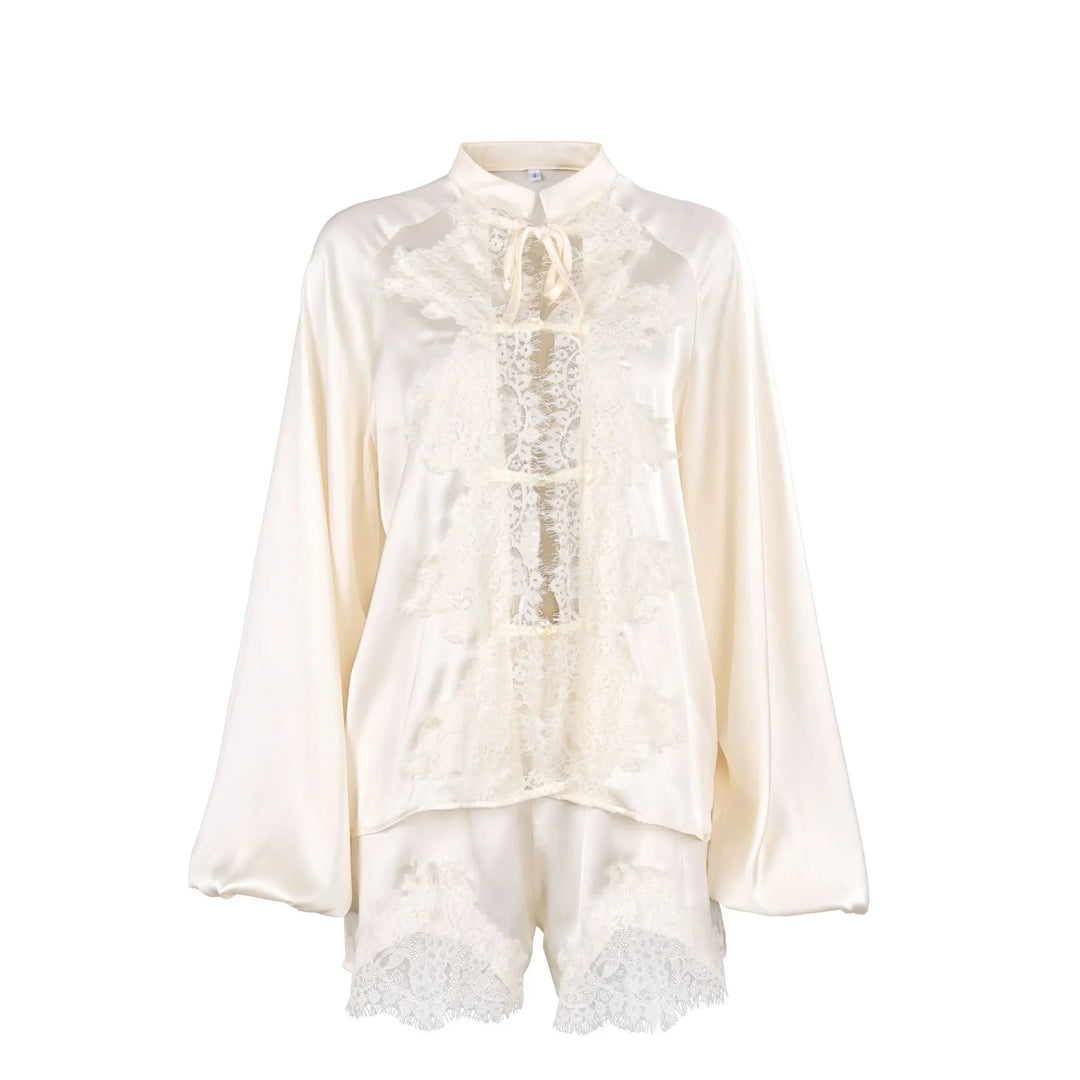 Off-white Ice-silk Satin Lace-trimmed Tie-front Womens Pajama Sethome Wear