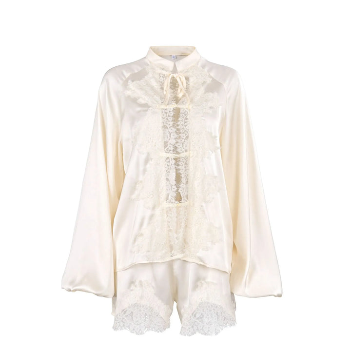 Off-white Ice-silk Satin Lace-trimmed Tie-front Womens Pajama Sethome Wear