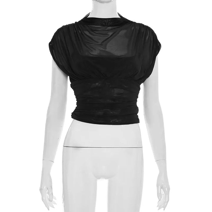 Solid-color Crew-neck Sleeveless Mesh Fitted Top