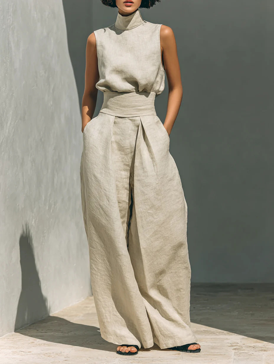 Casual Sleeveless Suit Summer Stand-up Collar Pullover Top And Loose Straight-leg Trousers