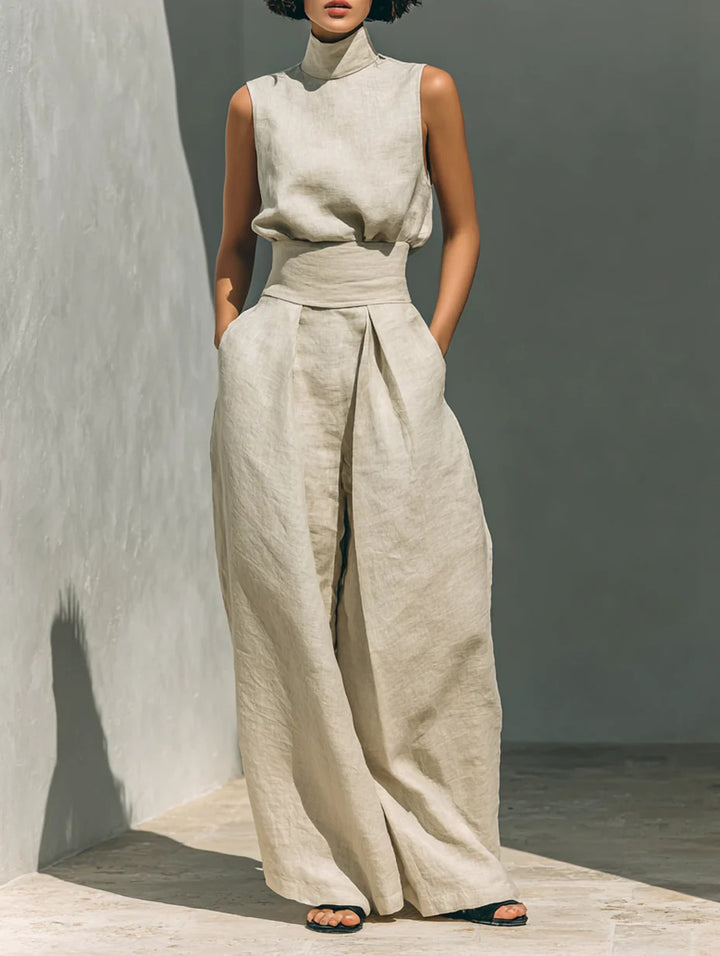 Casual Sleeveless Suit Summer Stand-up Collar Pullover Top And Loose Straight-leg Trousers
