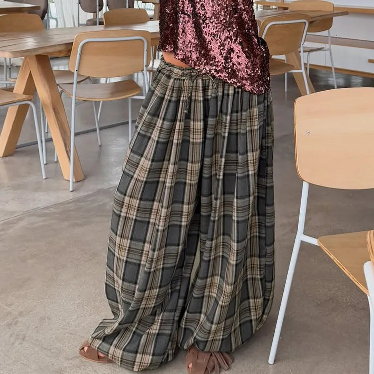 Vintage Grey Plaid Elastic Drawstring High Waist Oversized Wide Leg Floor Pants