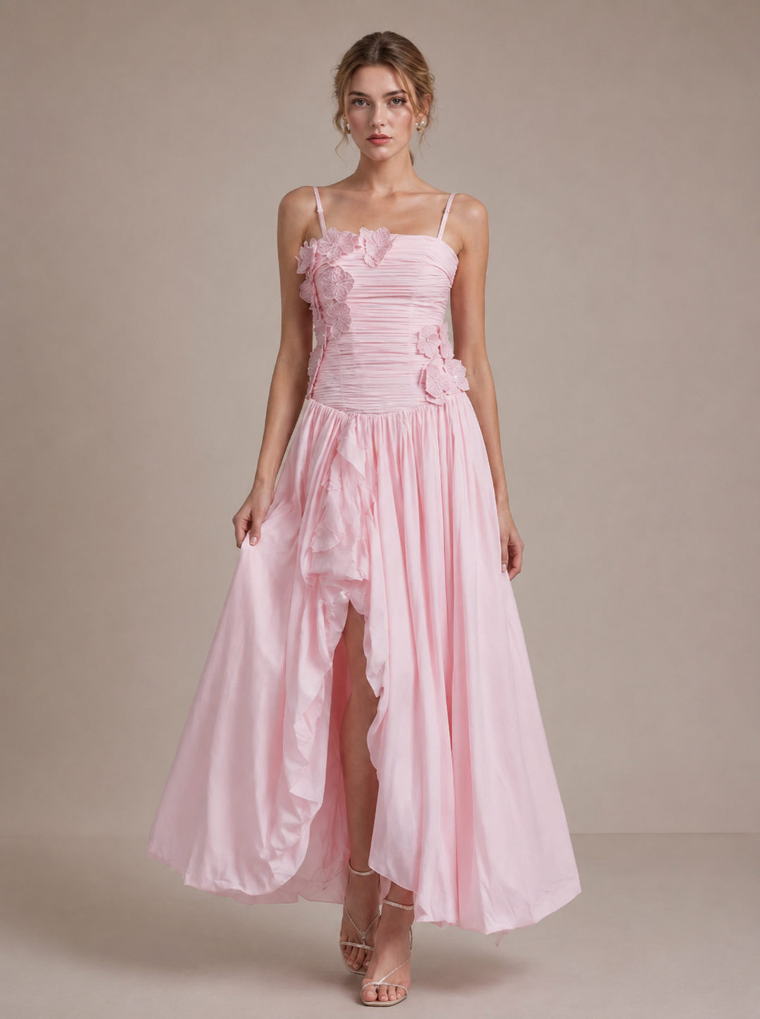 3D Floral Ruched Spaghetti Strap High Slit Maxi Dress