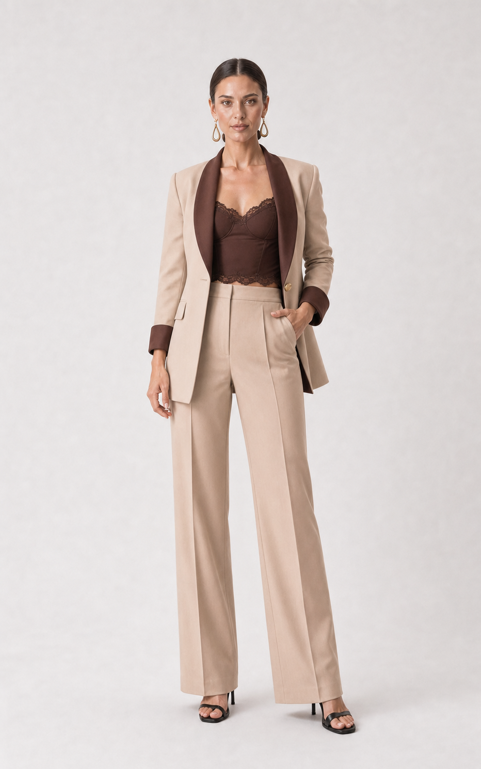 Elara Contrast-Trim Wide-Leg Suit Set – front view