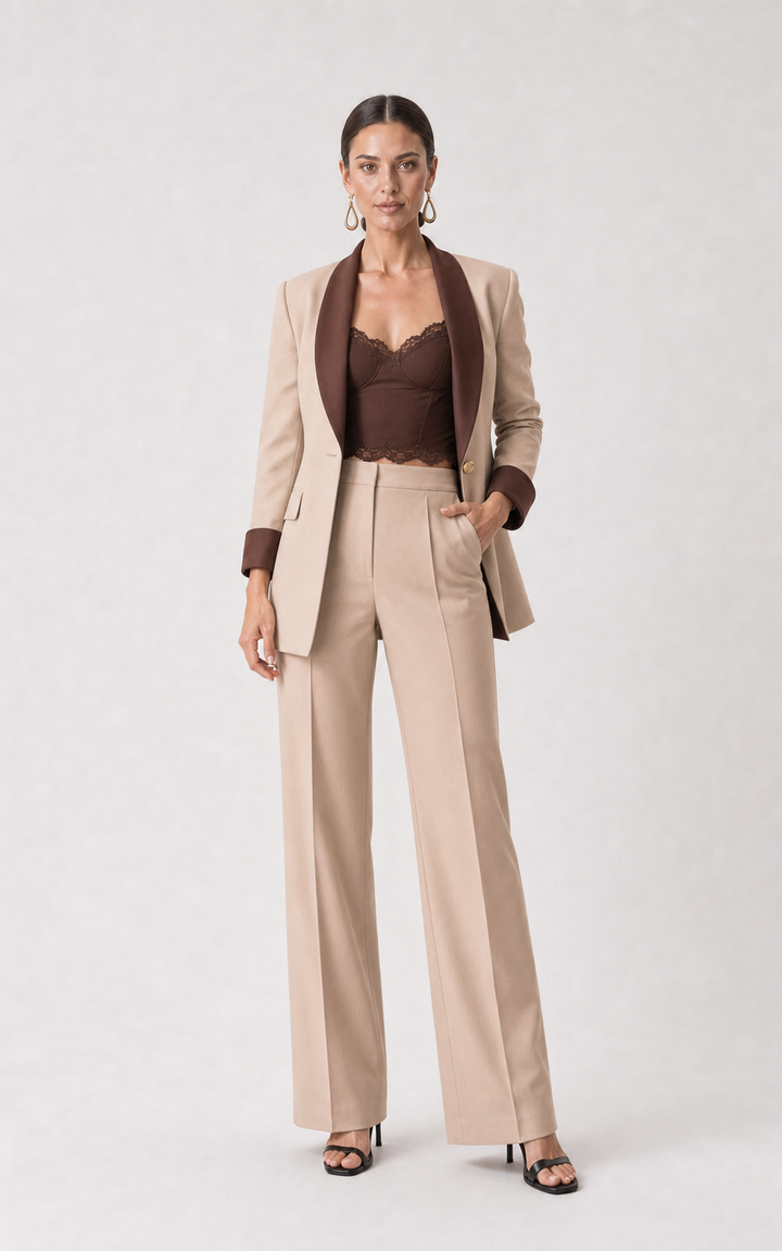 Elara Contrast-Trim Wide-Leg Suit Set – front view