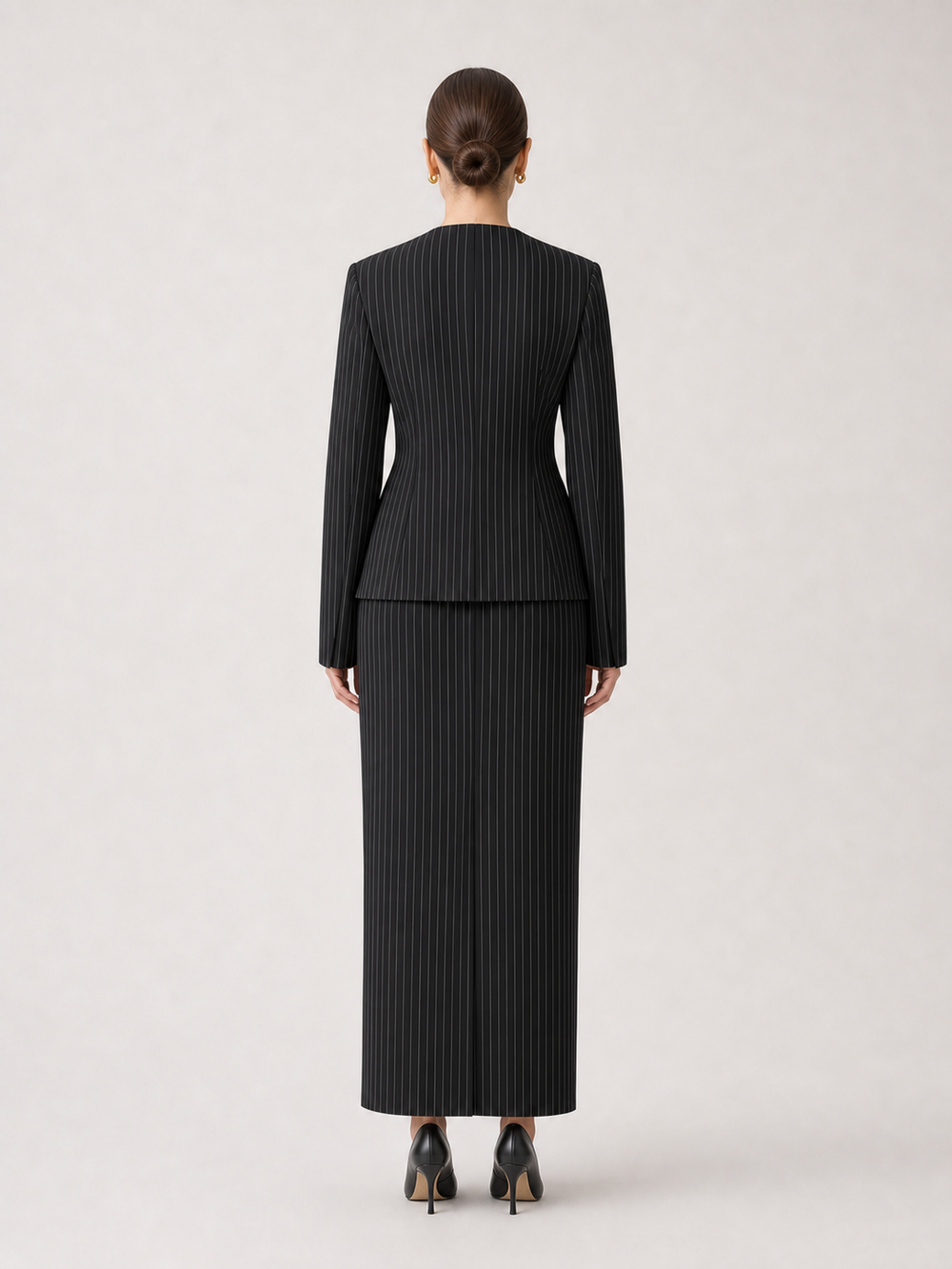 Noelle Black Pinstripe Long-Skirt Suit Set – back view