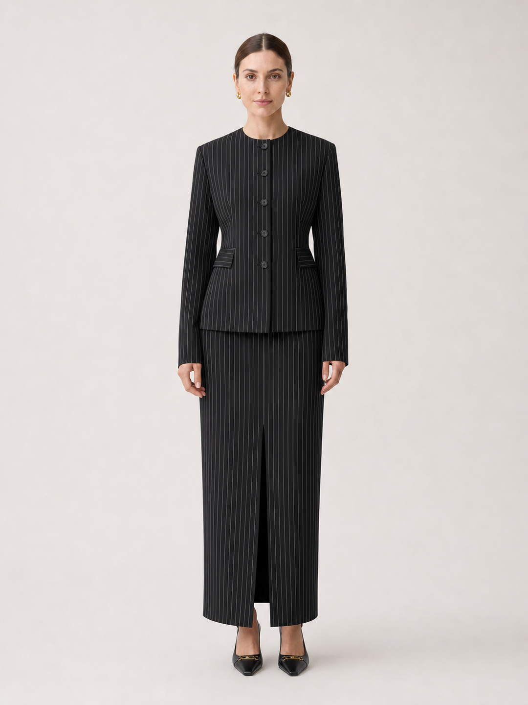 Noelle Black Pinstripe Long-Skirt Suit Set – front view