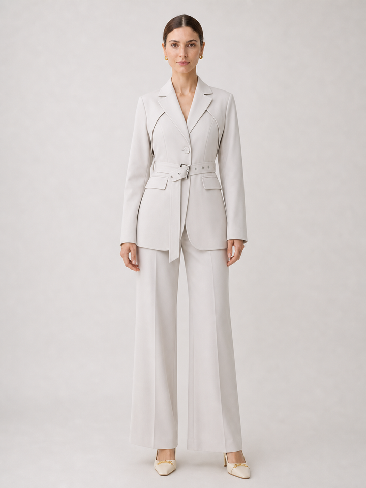 Aurelia Ivory Belted Wide-Leg Suit Set – front view