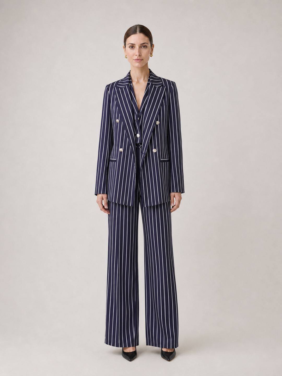Valentina Navy Pinstripe Double-Breasted Suit Set – front view
