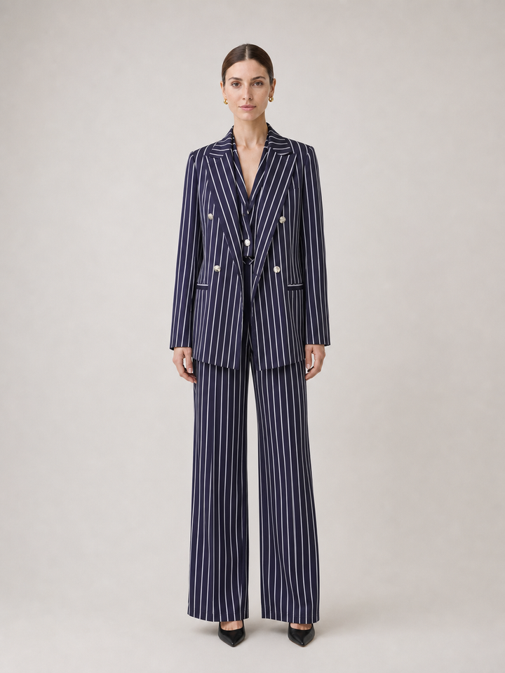 Valentina Navy Pinstripe Double-Breasted Suit Set – front view